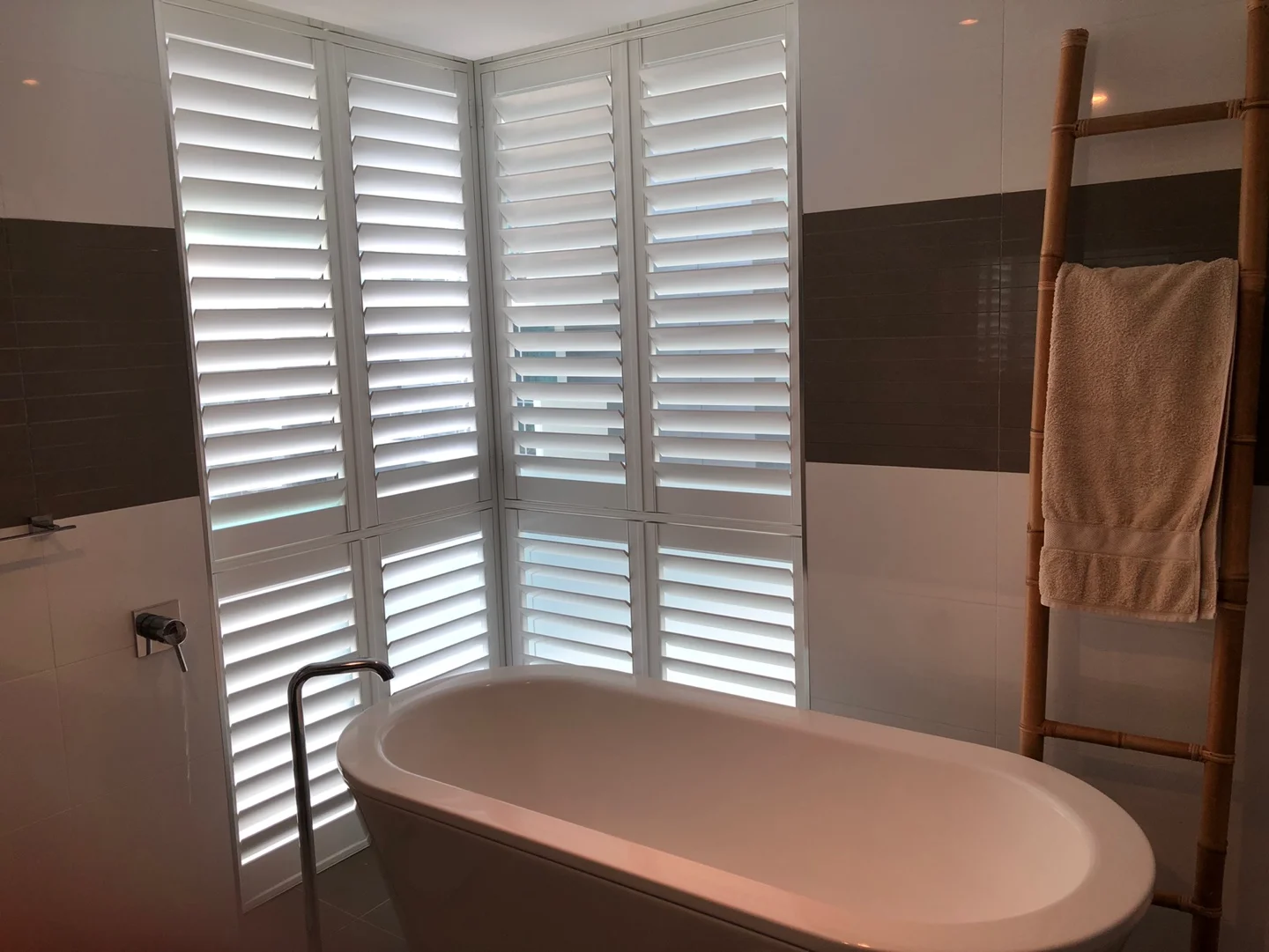 eight-panel-tier-on-tier-hinged shutters-bathroom-redcliffe-1 — Shutter Hinged Tier on Tier — bathroom — shutters