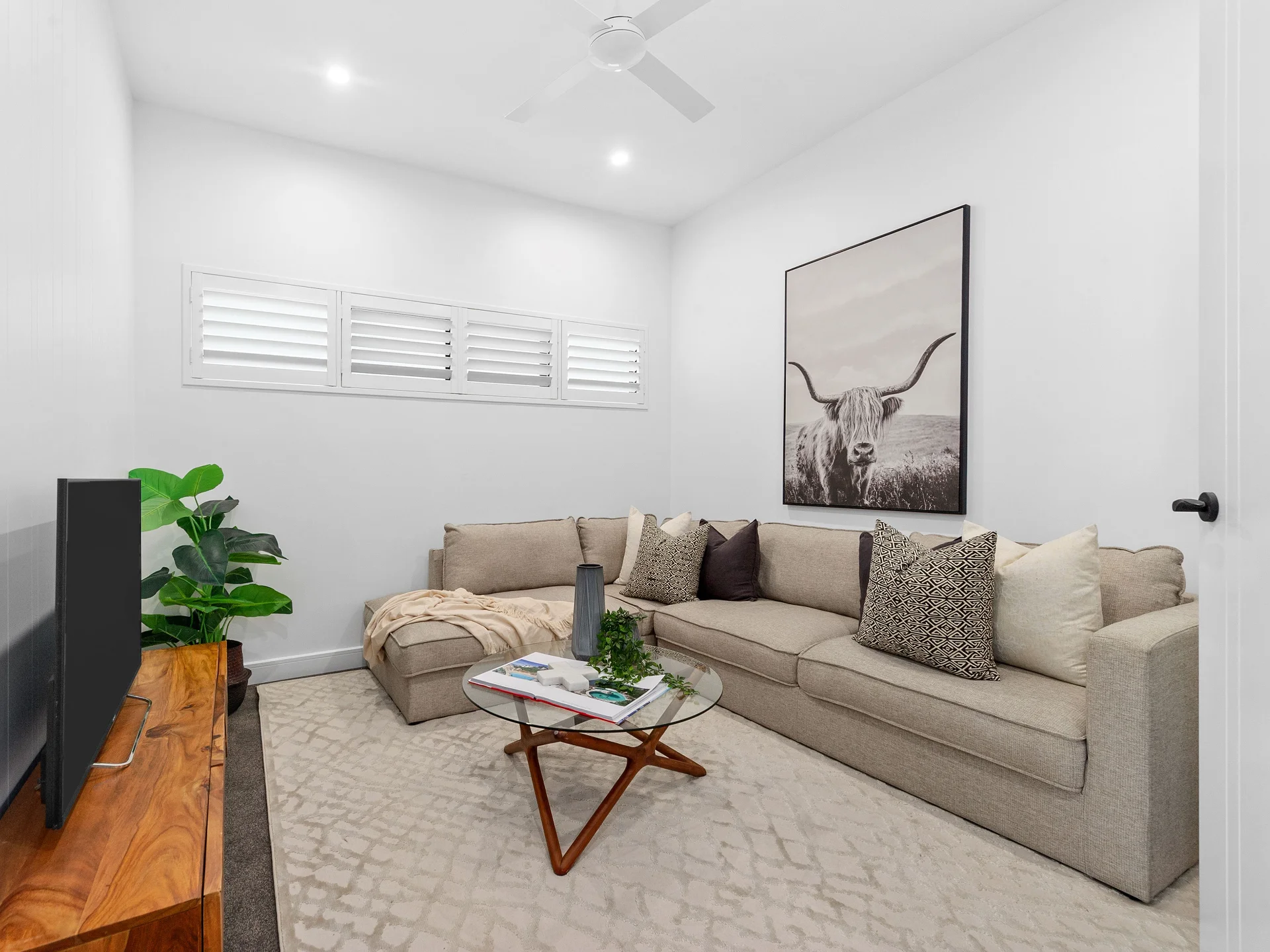 frameless-hinged-shutters-with-tpost-seven-hills-1 — Shutter Hinged frameless shutters with t-post — bedroom — shutters